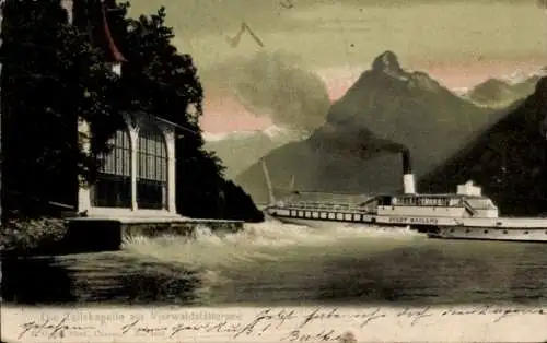 Ak Sisikon Kanton Uri, Tellskapelle am Vierwaldstättersee, Dampfer Stadt Mailand