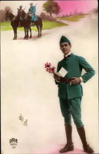 Ak Französischer Soldat mit Blumen und Brief