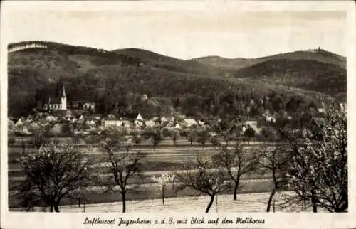 Ak Seeheim Jugenheim, Blick auf den Melibocus, Fluss, Kirche