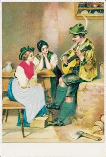 Präge Stoff Litho Mann spielt Gitarre und Frauen hören zu, Bauernstube, Tracht