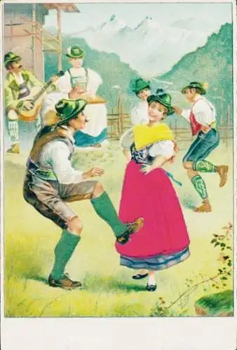 Präge Stoff Litho Tanzende Menschen, Gitarre, Tracht