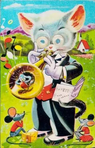 Quietsch Wackelaugen Ak Katze spielt trompete und Mäuse hören zu, Käse