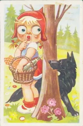 Wackelaugen Ak Rotkäppchen, Wolf, Korb, Flasche, Wald