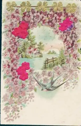 Präge Stoff Litho Schwalbe, Glücksklee, Veilchen