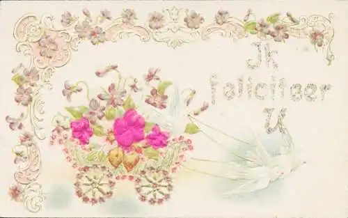 Präge Stoff Litho Karren, Blumen, Taube, Kitsch