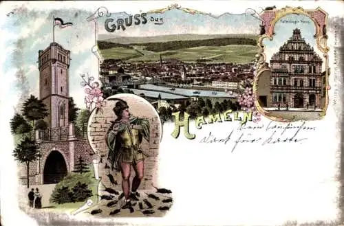Litho Hameln in Niedersachsen, Rattenfängerhaus, Klütturm, Gesamtansicht