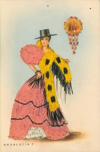 Seidenstick Ak Andalusien, Frau in spanischer Tracht, Hut, Kleid