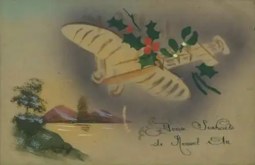 Zelluloid Ak Flugzeug, Stechpalme, Mistelzweige