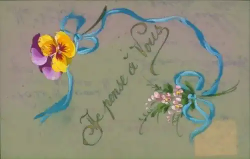 Zelluloid Ak Blumen, Stiefmütterchen, Schleife, Kitsch