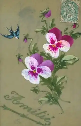 Zelluloid Ak Stiefmütterchen, Schwalbe, Kitsch