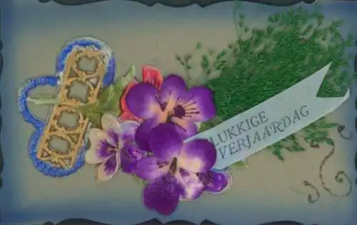 Zelluloid Ak Glückwunsch, Blumen, Echte Pflanze, Stoffschleife