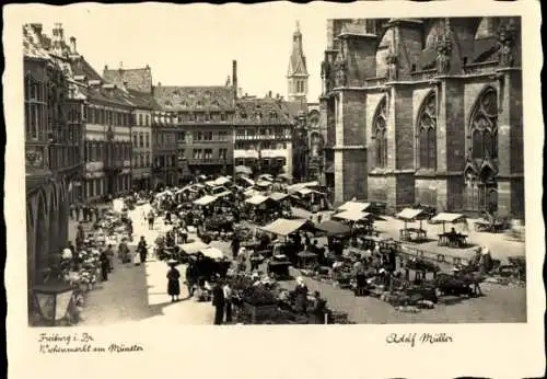 Ak Freiburg im Breisgau, Wochenmarkt, Münster