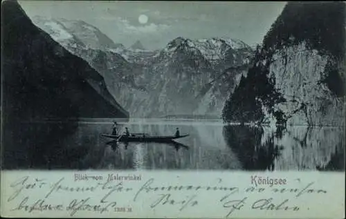 Mondschein Ak Königsee Königssee Oberbayern, Blick vom Malerwinkel, Ruderboot