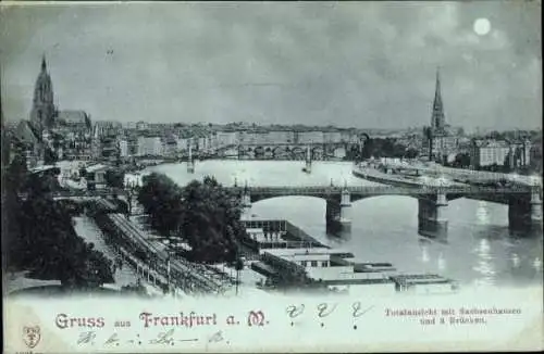 Mondschein Ak Frankfurt am Main, Gesamtansicht, Sachsenhausen, 3 Brücken