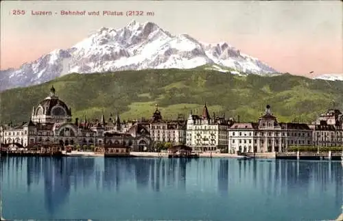Ak Kanton Luzern Schweiz, Bahnhof und Pilatus
