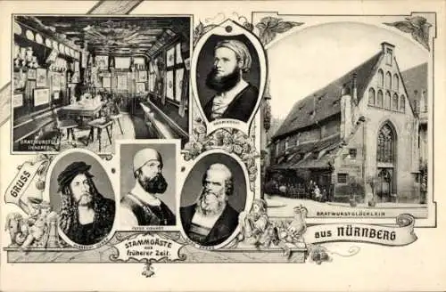Ak Nürnberg in Mittelfranken Bayern, Bratwurstglöcklein, Stammgäste Albrecht Dürer, Hans Sachs