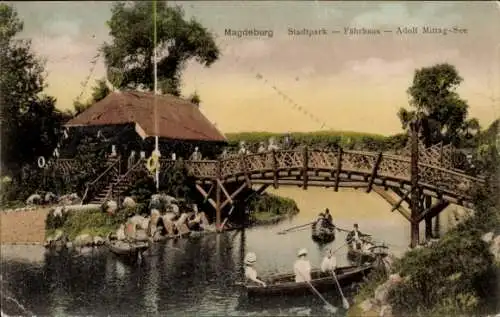 Ak Magdeburg an der Elbe, Stadtpark, Fährhaus, Adolf Mittag-See, Brücke