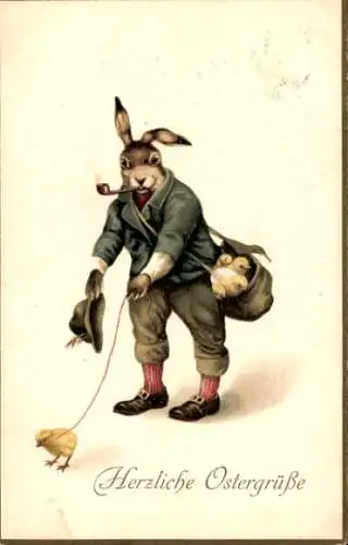 Ak Glückwunsch Ostern, Vermenschlichter Hase mit Küken an der Leine
