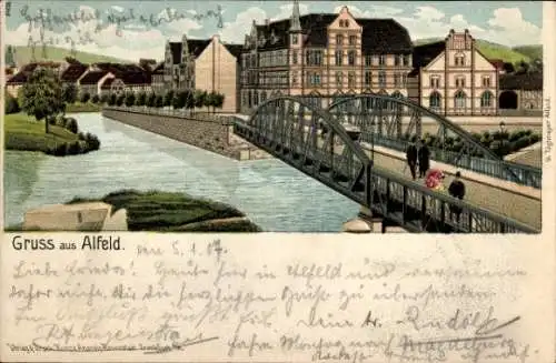 Litho Alfeld an der Leine, Teilansicht, Brücke