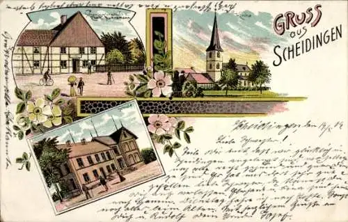 Litho Scheidingen Welver in Westfalen, Kirche, Schenkwirtschaft E. Nunnemann, Schule