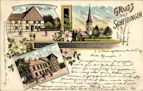 Litho Scheidingen Welver in Westfalen, Kirche, Schenkwirtschaft E. Nunnemann, Schule