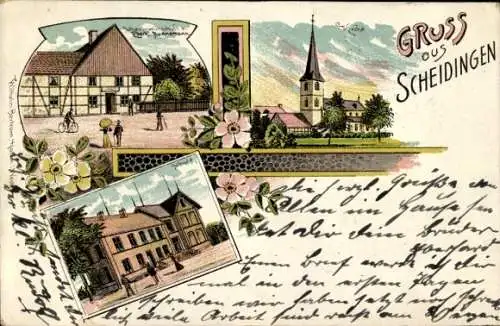 Litho Scheidingen Welver in Westfalen, Kirche, Schenkwirtschaft E. Nunnemann, Schule