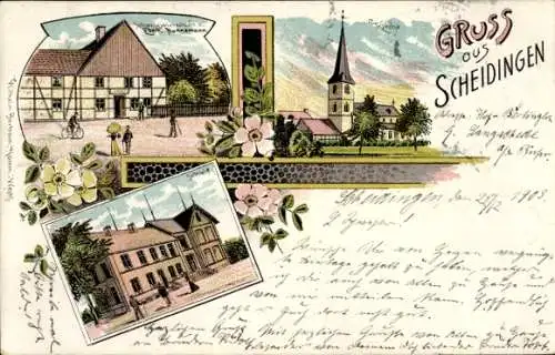 Litho Scheidingen Welver in Westfalen, Kirche, Schenkwirtschaft E. Nunnemann, Schule