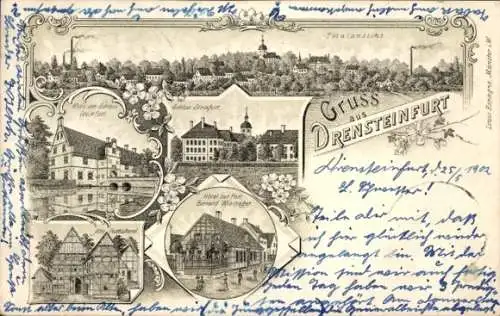Litho Drensteinfurt in Westfalen, Totalansicht, Schloss Steinfurt, Alte Posthalterei, Hotel zur Post