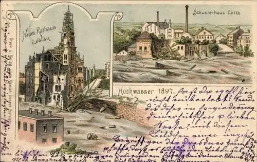 Litho Dresden, Hochwasser 1897, Schusterhaus Cotta, Neues Rathaus Löbtau