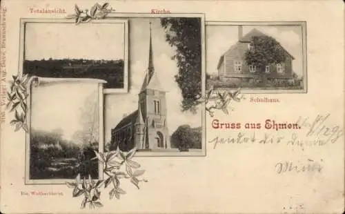 Ak Ehmen Wolfsburg in Niedersachsen, Gesamtansicht, Kirche, Schulhaus, Wolfsschlucht