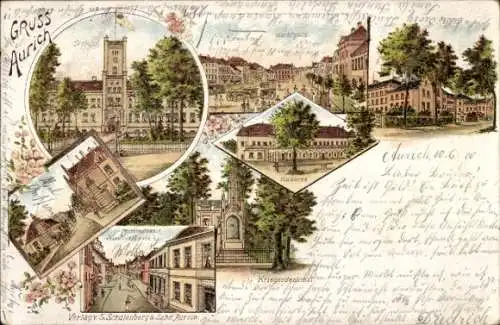 Litho Aurich in Ostfriesland, Schloss, Kaserne, Marktplatz, Kriegerdenkmal, Straßenpartie