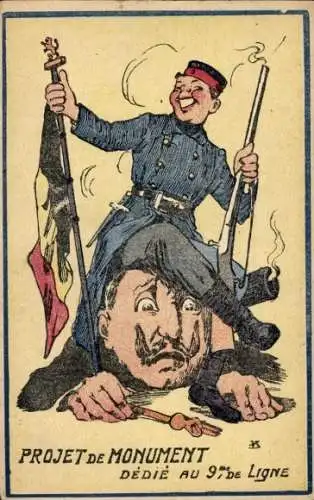 Ak Propaganda Frankreich, französischer Soldat sitzt auf Kaiser Wilhelm II., Karikatur