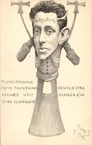 Künstler Ak Orens, Karikatur, König Alfons XIII von Spanien, Rosenkranz