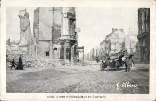 Ak Louvain Leuven Löwen Flandern Flämisch Brabant, Zerstörte Geschäftshäuser an der Hauptstraße