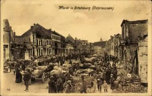 Ak Szczytno Ortelsburg Ostpreußen, Fuhrwerke, Kriegszerstörungen, Markt, I. WK