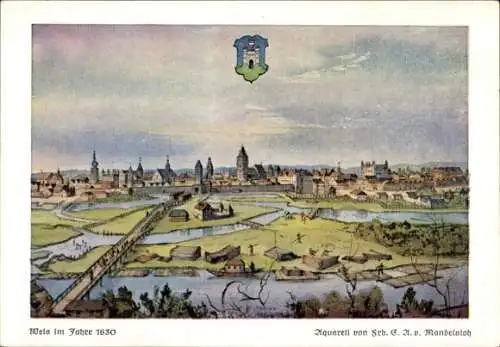 Künstler Ak Mandelsloh, Wels in Oberösterreich, Gesamtansicht im Jahr 1630