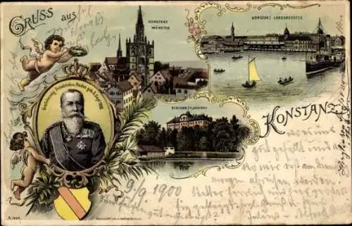 Wappen Litho Konstanz am Bodensee, Großherzog Friedrich I. von Baden, Schloss Mainau, Landungsteg