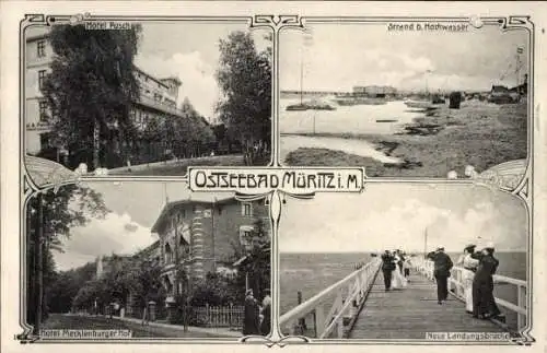 Ak Ostseebad Müritz, Hotel Pusch, Strand b. Hochwasser, Hotel Mecklenburger Hof, Neue Landungsbrücke