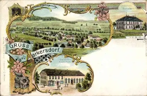 Litho Markersdorf in der Oberlausitz Sachsen, Gesamtansicht, Schule, Gerichtskretscham