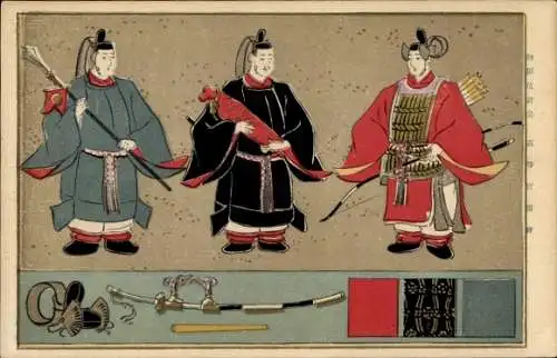 Künstler Ak Japan, Krieger mit Bogen und Pfeilen, Schwert, Zepter