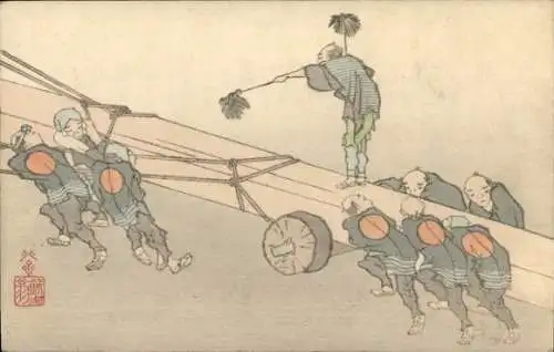 Künstler Ak Japan, Arbeiter transportieren Steinsäule