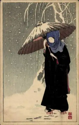 Künstler Ak Japan, Japanische Frau mit Schirm im Schnee, Holzsschuhe