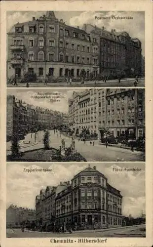Ak Hilbersdorf Chemnitz, Postamt Orthstraße, Zeppelinstraße, Orthplatz, Flora-Apotheke