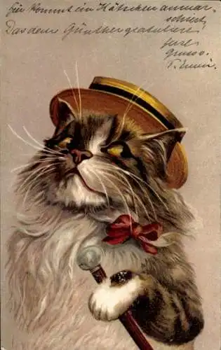 Litho Vermenschlichte Katze mit Strohhut, Schleife und Spazierstock
