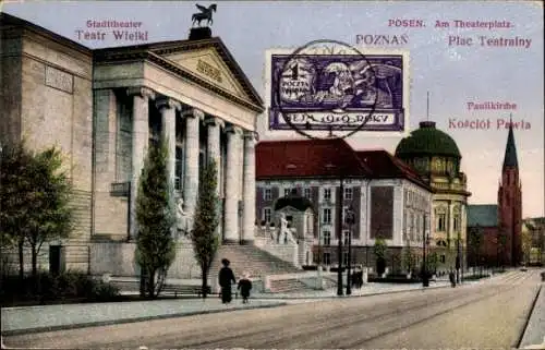 Ak Poznań Posen, Stadttheater, Ansiedlungskommission, Paulikirche, Theaterplatz