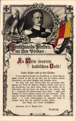 Ak Großherzog Friedrich I. von Baden, Deutschlands Fürsten an ihre Völker, 1914