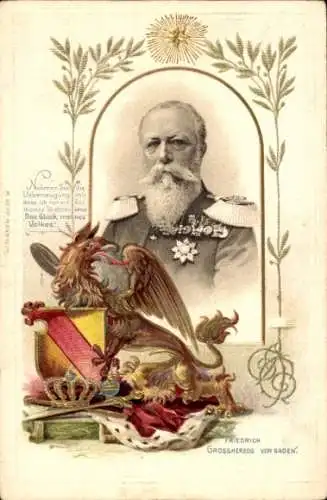 Präge Wappen Passepartout Litho Großherzog Friedrich I. von Baden, Portrait