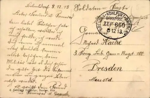 Bahnpoststempel Dresden Kohlfurt Breslau, Zug 650, auf Ansichtskarte