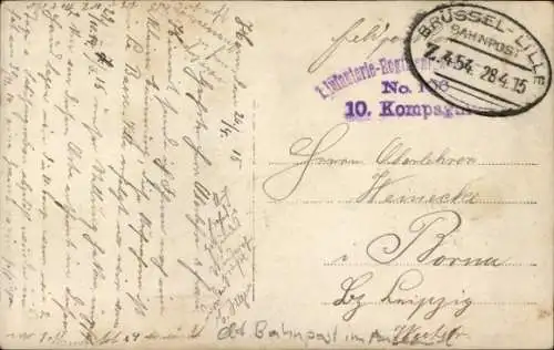 Bahnpoststempel Brüssel Lille, Zug 454, auf Feldpostkarte
