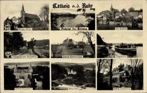 Ak Kettwig Essen im Ruhrgebiet, Kirche, Altstadt, Schloss Charlottenhof, Hugenpoet, Oefte, Landsberg